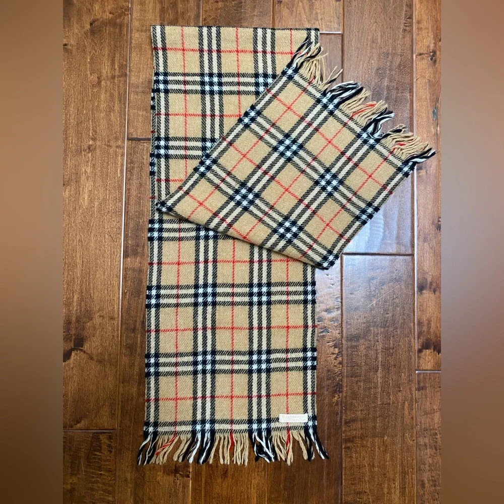 Burberry Tan Plaid Cashmere-Style Men's Scarf with Black and Red Accents